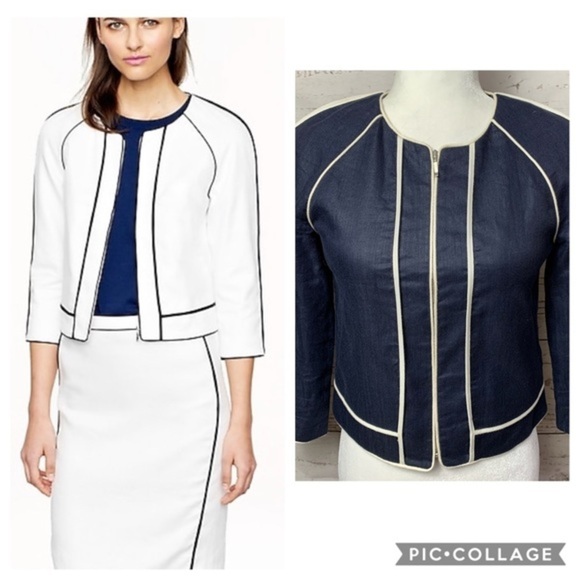 NWOT J. Crew Navy Herringbone Linen Blazer - Picture 1 of 8